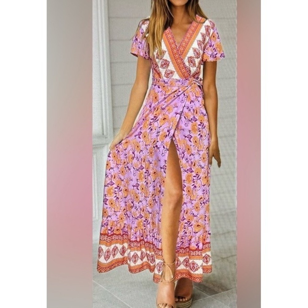ZESICA Womens Maxi Dress Sz M Floral Wrap V Neck Short Sleeve Bohemian Pink Blue